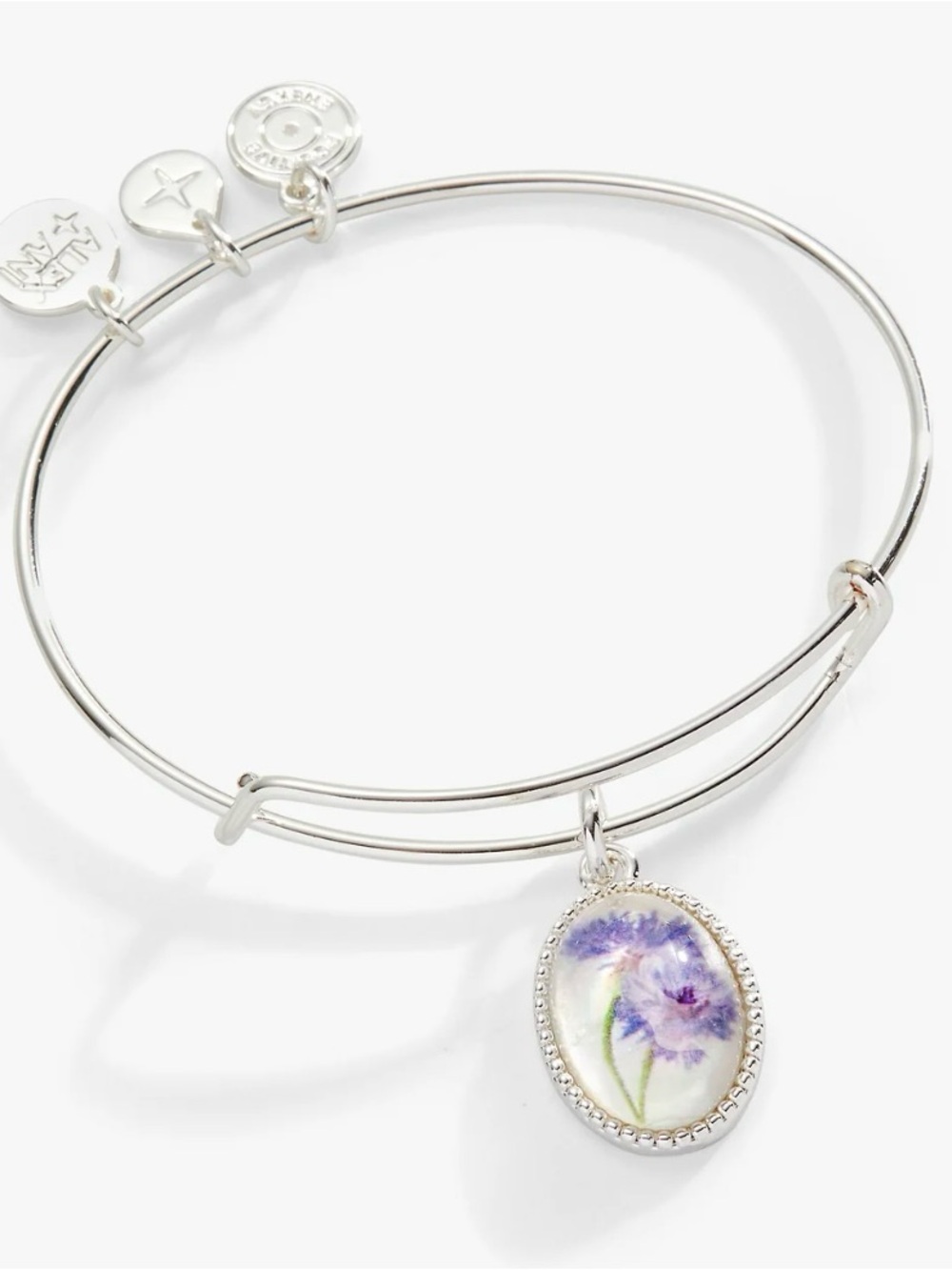 Alex and Ani Silver Daughter Bangle with Purple Floral Oval Charm